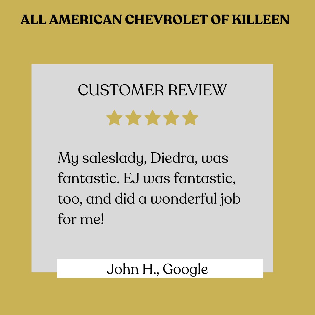 KilleenChevy's tweet photo. Thank you so much, John, for your kind words! We’re thrilled to hear that Diedra was fantastic and that EJ also did a wonderful job for you. We truly appreciate your feedback and are glad you had such a great experience with our team! https://t.co/1YdljGlHgX