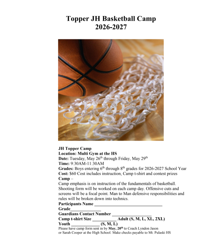 MPAthDir's tweet photo. Topper Boys Basketball Camp IMPORTANT Information:
For boys in grades 3-8:
Coach Jason will accept camp forms and payment on Tuesday, May 26th!  
Important:  Basketball camp drop-off and pick-up will be at the front of the High School building by the main office. https://t.co/OCAURLVr9f