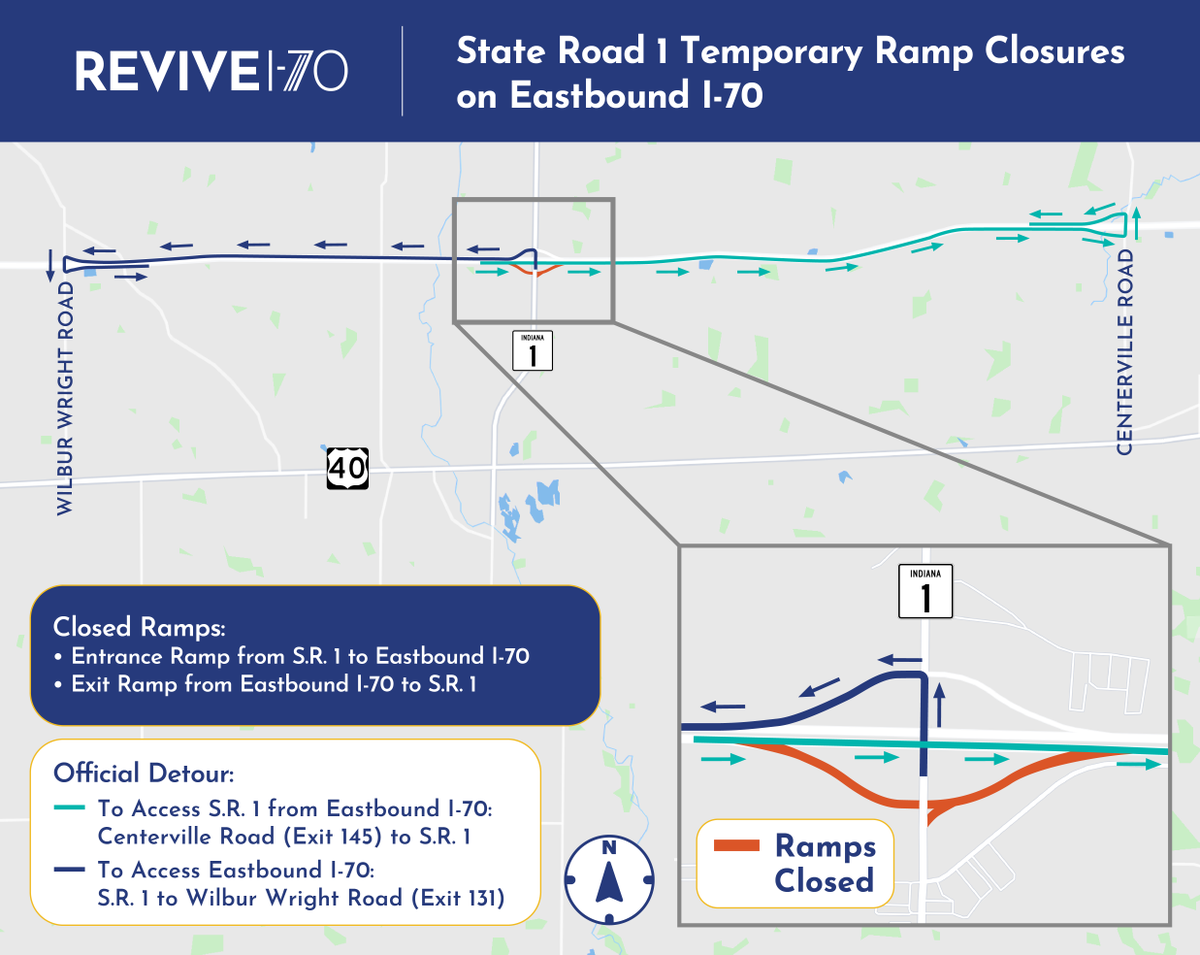 ReviveI70's tweet photo. Eastbound I-70 is scheduled to be reduced to one lane between Brick Church Road and Centerville Road the weekend of May 29. 

S.R. 1 ramps to and from eastbound I-70 are expected to close on or after Sunday, May 31 for 60 days. 

https://t.co/8XCrVpsJBM https://t.co/h7AZkeDsNp