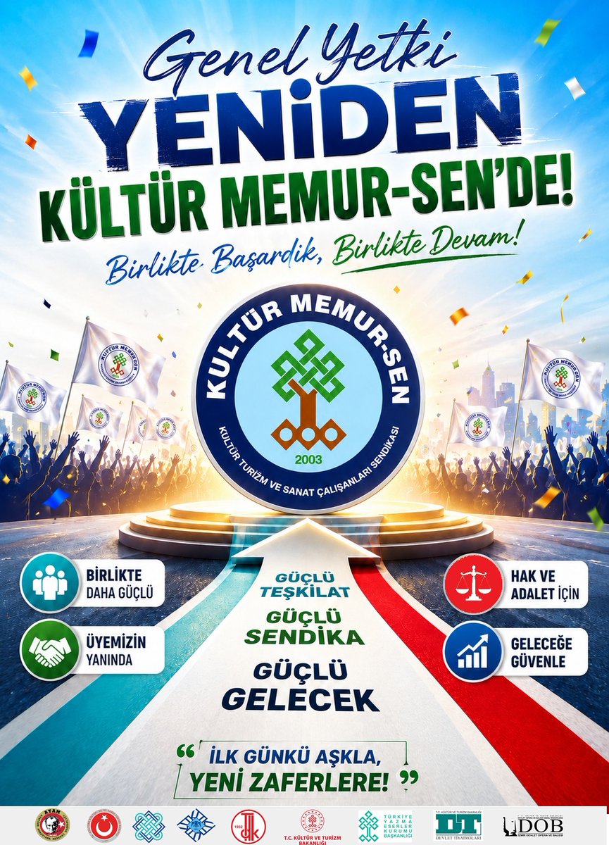 KltrMemur's tweet photo. 23 YILLIK EMEK, YENİDEN GENEL YETKİLİ SENDİKA, AYNI KARARLILIKLA ZİRVEDE!

Kültür Memur-Sen, ilkeli duruşu, çözüm odaklı sendikacılık anlayışı ve kararlı mücadelesiyle büyümeye devam ederek bugün 7.086 üyeye ulaşmış; hizmet kolunda yetkisini en yakın sendikaya 125 farkla bir kez daha perçinlemiştir. Kuruluşumuzun 23. yılında, yeniden genel yetkili olmanın haklı gururunu hep birlikte yaşıyoruz.

2003 yılında “hizmet sendikacılığı” ve “değerler mücadelesi” anlayışıyla yola çıkan Kültür Memur-Sen; yalnızca özlük haklarıyla sınırlı olmayan, kültürü, sanatı ve medeniyet değerlerini önceleyen sendikal yaklaşımıyla örnek bir teşkilat olmuştur. Kurulduğu günden bu yana ayrıştıran değil birleştiren, sorun üreten değil çözüm sunan bir anlayışla hareket etmiş; üyelerinin sesi, çalışanların güvencesi olmuştur.

Bugün Kültür ve Turizm Bakanlığı başta olmak üzere hizmet kolumuzdaki kurumlarda güçlü teşkilat yapımız, sahadaki etkinliğimiz ve üyelerimizin desteğiyle yeniden yetkili sendika olmanın sorumluluğunu taşımaya devam ediyoruz. 7.086 üyemizin güveni ve desteği, yürüdüğümüz bu kutlu yolda en büyük motivasyon kaynağımızdır.

“Kavga zemininde rekabet” anlayışını reddederek, “rekabet zemininde hizmet” sendikacılığı anlayışıyla hareket eden Kültür Memur-Sen; çalışanların haklarını koruyan, kültürel değerlere sahip çıkan ve geleceğe umutla bakan sendikal duruşunu kararlılıkla sürdürecektir.

İlkelerimizden taviz vermeden; çalışanlarımızın haklarını geliştiren, çalışma hayatına katkı sunan ve sosyal sendikacılığı büyüten birçok önemli kazanıma imza attık. Bundan sonra da aynı azim, aynı heyecan ve aynı kararlılıkla üyelerimizin yanında olmaya devam edeceğiz.

Bu büyük başarıda emeği bulunan başta üyelerimiz olmak üzere; genel merkez yöneticilerimize, şube başkanlarımıza ve yardımcılarına, temsilcilerimize, kadın komisyonlarımıza ve teşkilatımızın her kademesinde fedakârca görev yapan tüm dava arkadaşlarımıza teşekkür ediyoruz.

Yetki yeniden emin ellerde…
Kültür yeniden Kültür Memur-Sen’de…

🔗https://t.co/IxlmAk1DwU