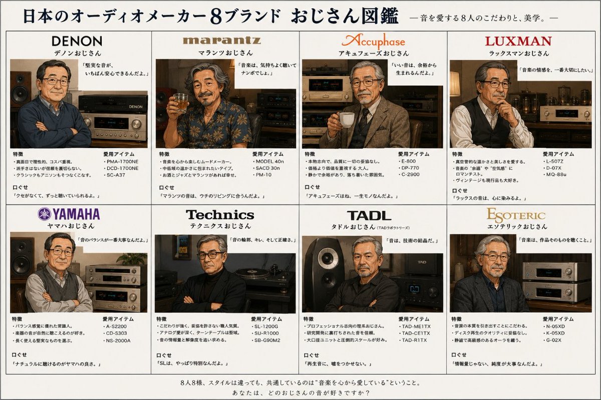 SP318G59's tweet photo. 話題になっていると聞いて、日本のオーディオメーカーごとのおじさん図鑑を作ってもらった。カメラおじさんと比較試聴するとキャラクター像の定位が甘く情報量不足を感じる結果になった。(^_^;; https://t.co/u7XZXzs5x0