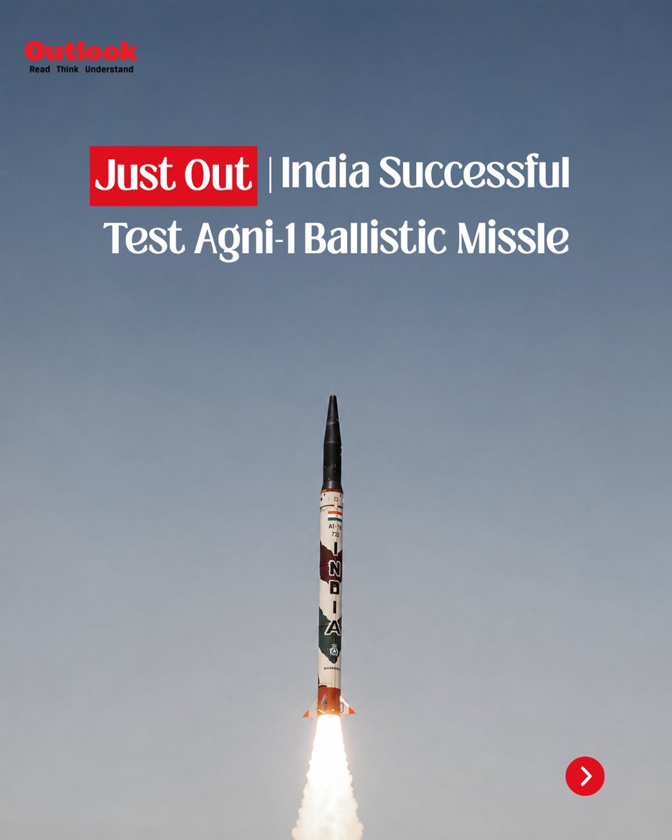 Outlookindia's tweet photo. #JustOut | India successfully test-launched the Agni-1 Short Range Ballistic Missile from Chandipur, Odisha on May 22. All operational and technical parameters were validated.
The test was carried out under the Strategic Forces Command.
#Agni1 #SFC #DRDO #BallisticMissile #MinistryofDefence #IndianArmy #Defence #OutlookIndia