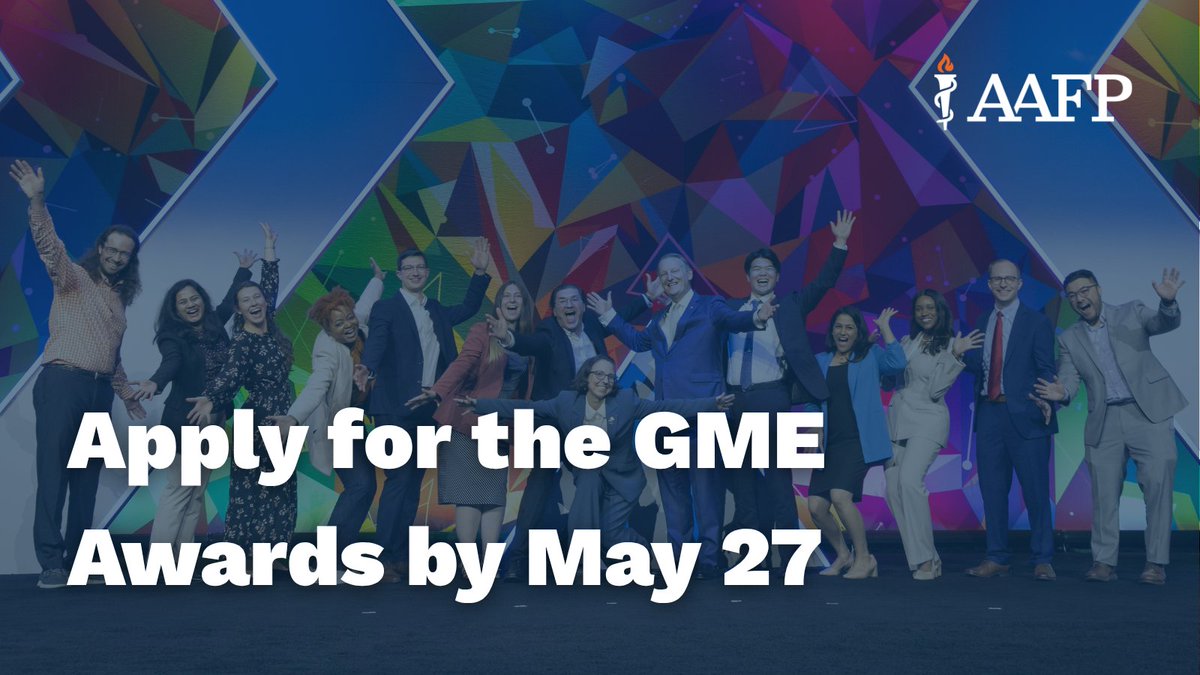 aafp's tweet photo. Residents: Apply by May 27 to be recognized for your outstanding contributions to family medicine! Tell us how you went above and beyond for your patients, your colleagues and your communities for the chance to receive the AAFP Award for Excellence in Graduate Medical Education, plus a $2,500 scholarship and a trip to #AAFPFMX: https://t.co/PqEYcQQOOp
