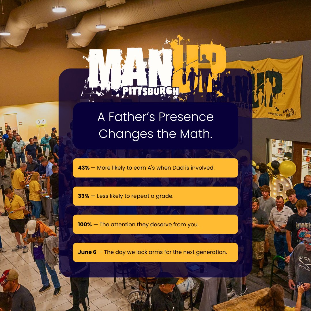 ManUpPittsburgh's tweet photo. Children with involved fathers are 43% more likely to earn A's and 33% less likely to repeat a grade.

Being present at the table is the most powerful academic intervention ever studied.

June 6. Victory Family Church.

https://t.co/zWEdBdLvSz https://t.co/ZpO1qhPkX4