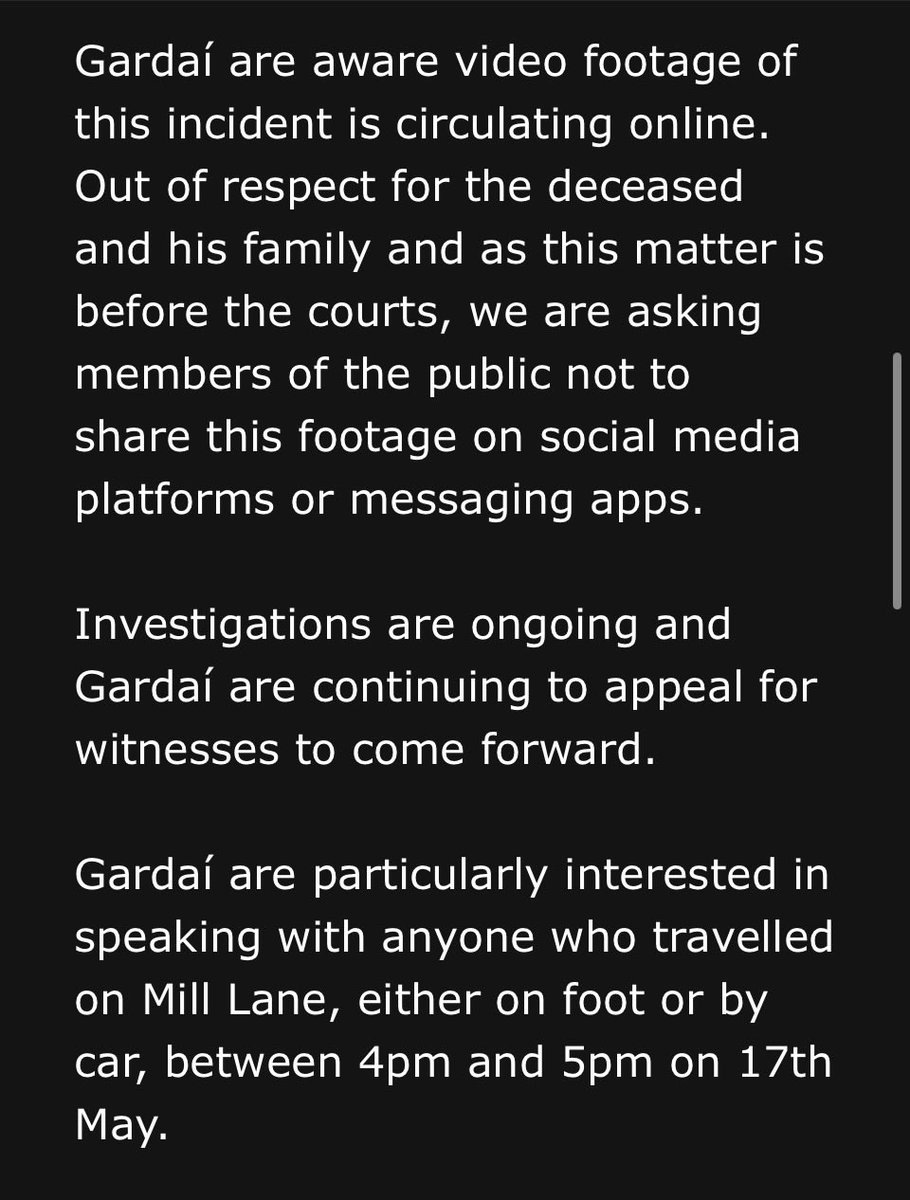 BarryWhyte85's tweet photo. Gardai say they are aware that video footage of the assault that claimed the life of Alex Coughlan last weekend is circulating online. 

As the matter is before the courts they are asking the public not to share this footage on social media platforms or messaging apps. https://t.co/j6103dR8Xs
