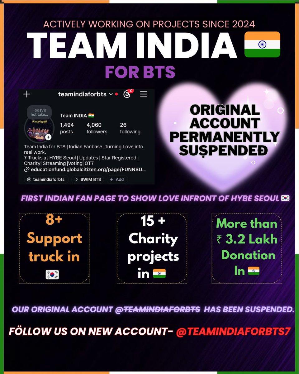teamindiaforbts's tweet photo. 💔 Instagram has permanently disabled our instagram account  @/teamindiaforbts 

But Indian BTS ARMY doesn't stop 🇮🇳💜.. Right?? .. We are here with another account.. 

📢 Find us on our NEW Instagram 👇
@/teamindiaforbts7

https://t.co/GRrODUENsQ

RT so that more ARMY finds us 🙏

#BTS #BTSARMY #IndianARMY #방탄소년단