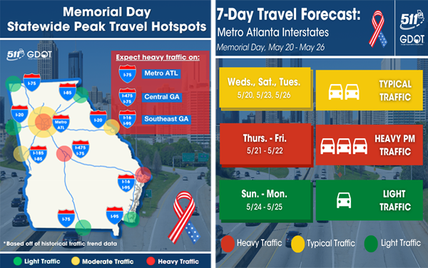 GDOTNW's tweet photo. Georgia DOT will suspend lane closures for Memorial Day Weekend, releases statewide travel forecasts

https://t.co/4LDjjw4uIk https://t.co/kbGvVsBDKH