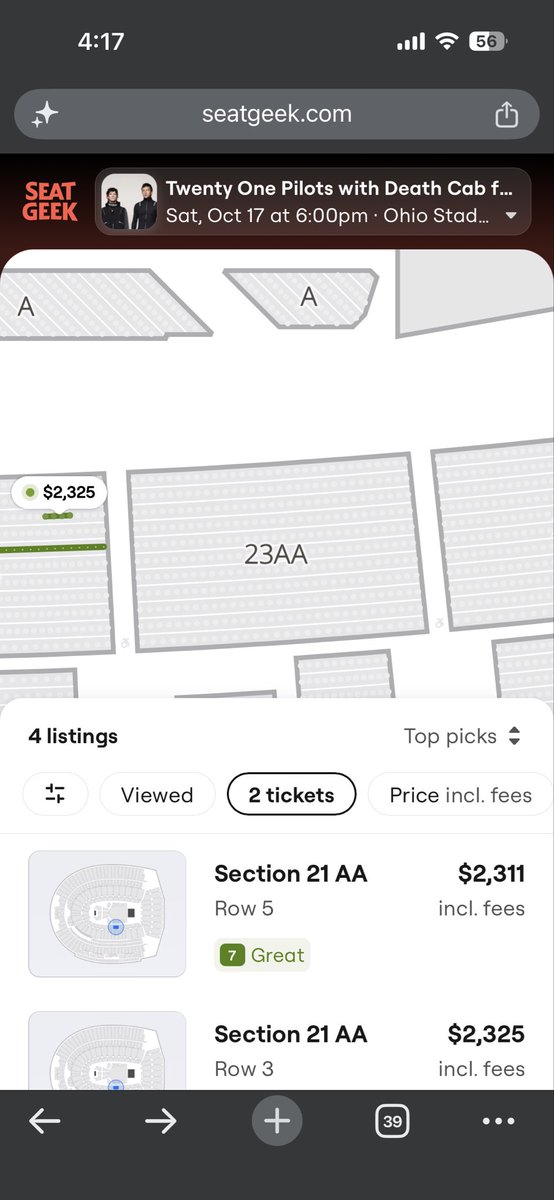 BFakkas's tweet photo. To everyone claiming there’s entire rows for sale on seatgeek please fact check yourselves. #twentyonepliots #ohiostadium #ticketmaster https://t.co/1L7IMHaiIj