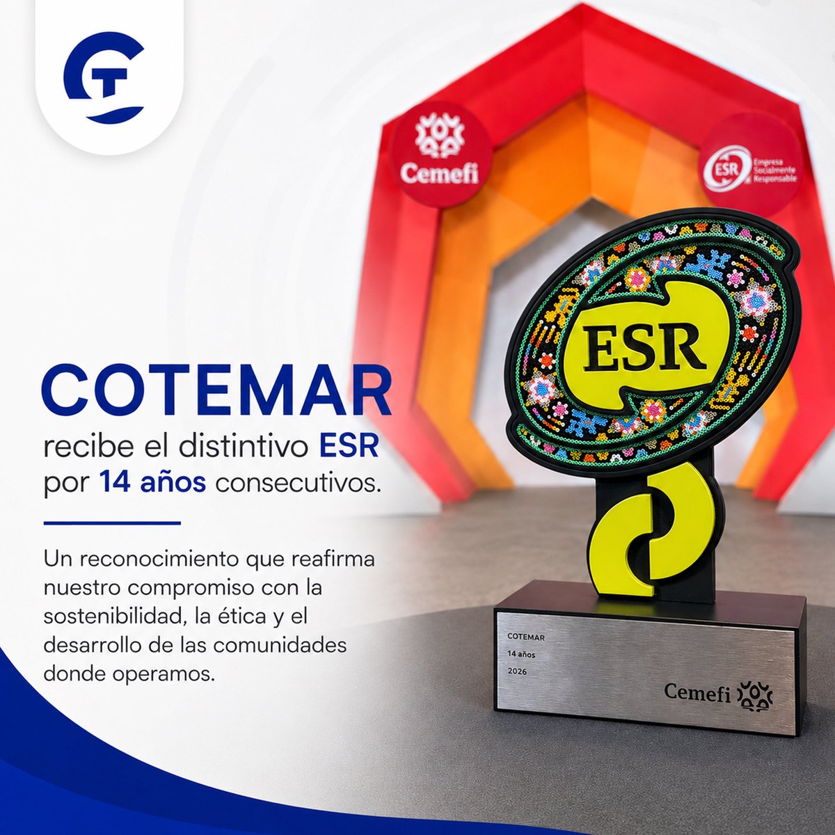 CotemarOficial's tweet photo. En Cotemar creemos que la responsabilidad social se demuestra con acciones consistentes.

Nos enorgullece recibir por 14º año consecutivo el Distintivo ESR® otorgado por el @Cemefi_RSE.

#SomosCotemar #ESR #ResponsabilidadSocial #Sostenibilidad https://t.co/5raRQkRfew