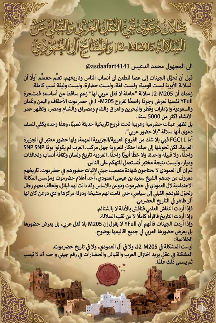 boafrir1's tweet photo. الى المجهول محمد الدعيس asdaafart4141@

"قبل أن تُحوّل الجينات إلى عصا للطعن في أنساب الناس وتاريخهم، تعلّم أولًا أن السلالة الأبوية ليست قومية، وليست لغة، وليست حضارة، وليست وثيقة نسب كاملة.

تابع ..١ https://t.co/xl9iP7ty55