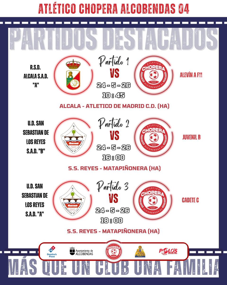 alcobendas04's tweet photo. 📌 PARTIDOS DESTACADOS FIN DE SEMANA 23-24 DE MAYO

✅ Cerceda - Senior A
✅ Juvenil A - Real CD Carabanchel “A”
✅ UD Sanse “A” - Juvenil B
✅ Cadete A - CD Las Rozas “A”
✅ UD Sanse “B” - Cadete C
✅ Cadete D - Fuente el Saz “A”
✅ Infantil B - Ocio y Deporte Canal “A”
✅ RSD Alcalá “A” - Alevín A F-11

¡Vamos a por otro fin de semana! ⚽️

¡Suerte a todos los equipos! 💪🏻💪🏻

#MasQueUnClubUnaFamilia
#AtChoperaAlcobendas04
