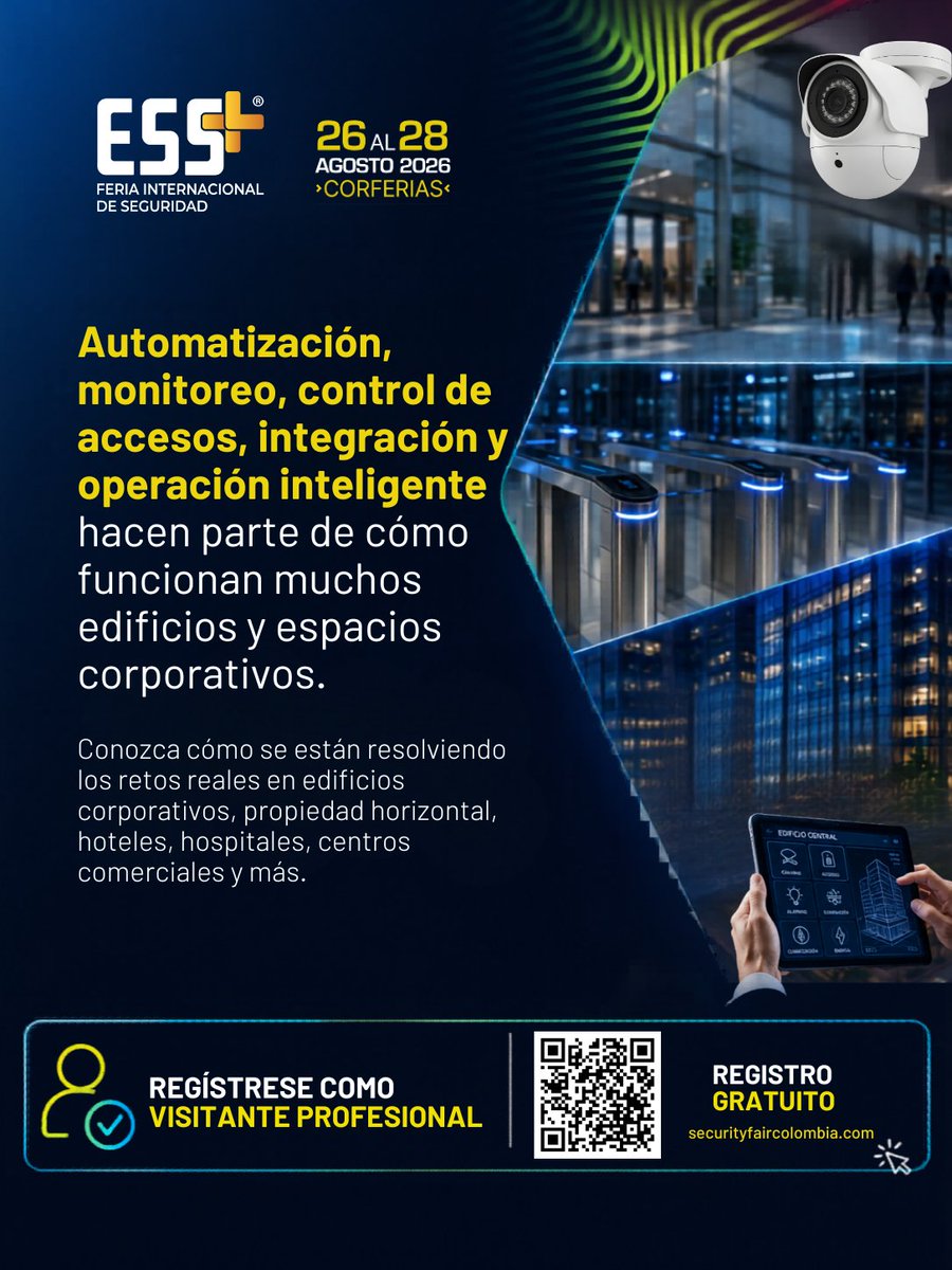 Securityfair's tweet photo. La supervisión de edificios y espacios corporativos cada vez exige más integración entre monitoreo, accesos, automatización y gestión operativa.

Ese tipo de soluciones hacen parte de ESS+ 2026.

👉 Registro profesional:
https://t.co/DS5iseldpj

#ESS2026 #SeguridadElectronica https://t.co/ItCulnyUR6