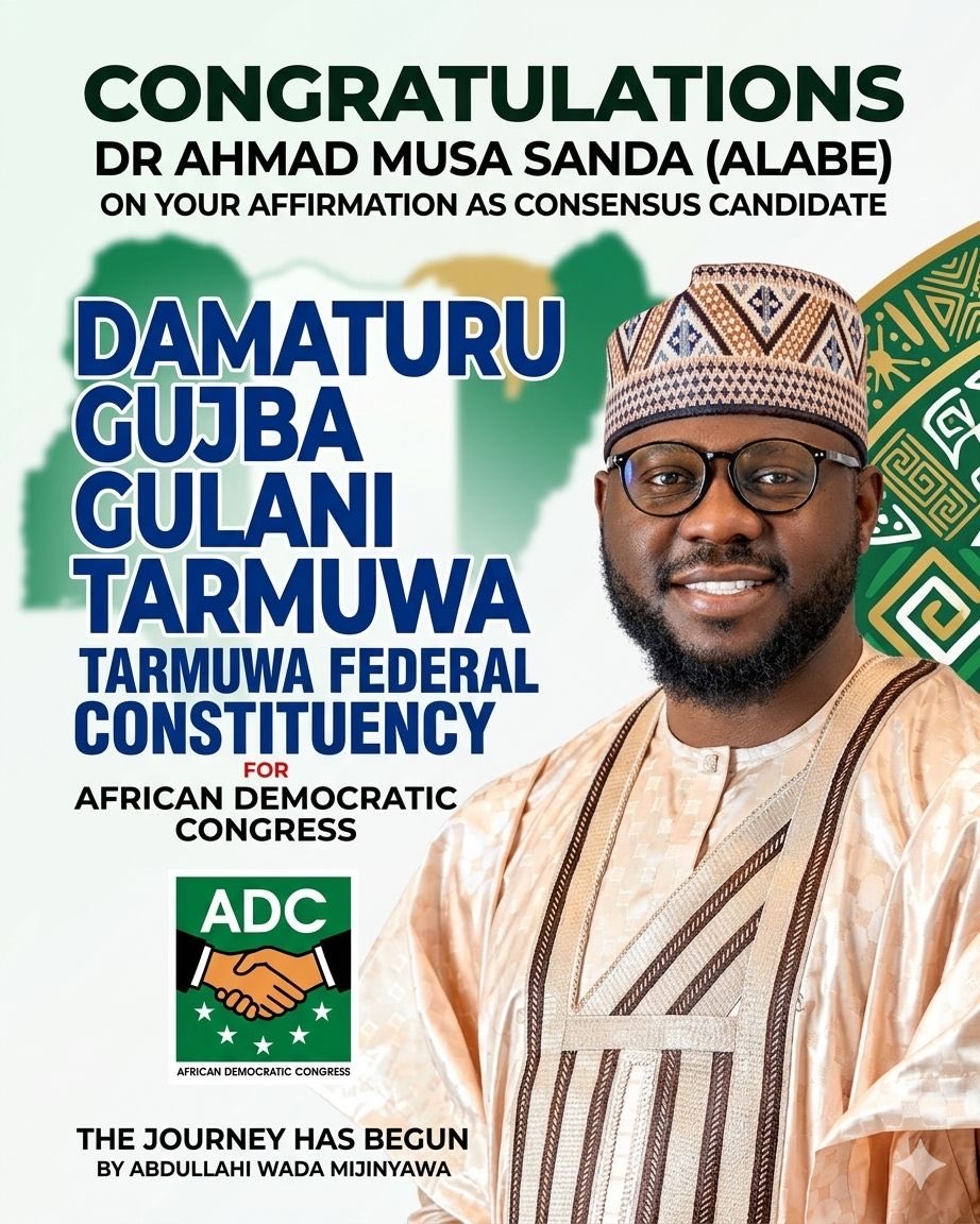 AhmadSanda_'s tweet photo. Alhamdulillah, I have been affirmed as the ADC candidate for the forthcoming general elections, representing the good people of Damaturu, Gujba, Gulani and Tarmuwa Federal Constituency. This brings us one step closer to the victory our great constituency deserve. https://t.co/dDR5Umut8T