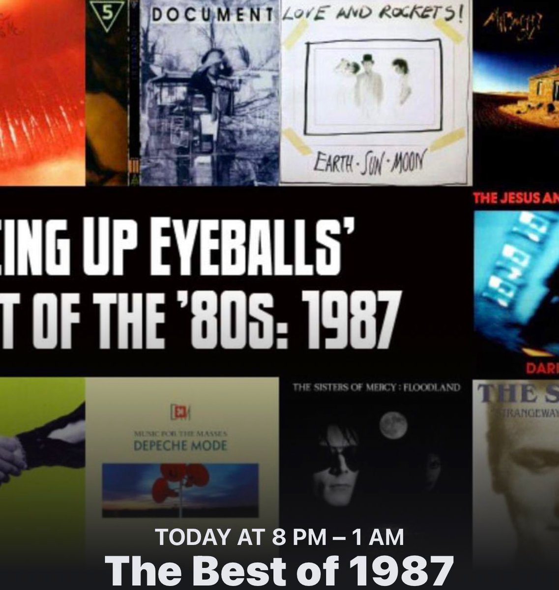 JakeRudh's tweet photo. Starting at 8pm central tonight, we celebrate ’The Best of 1987’ with 5+ hours of classic alternative music videos at https://t.co/H3c4RJ3NNz

Depeche Mode, Cure, U2, Bunnymen, Cult, REM, Smiths, INXS, Sisters, Mary Chain, Siouxsie, The Furs, Hüsker Dü, Replacements, Sinéad, L&amp;R https://t.co/RzJyiUGfRg