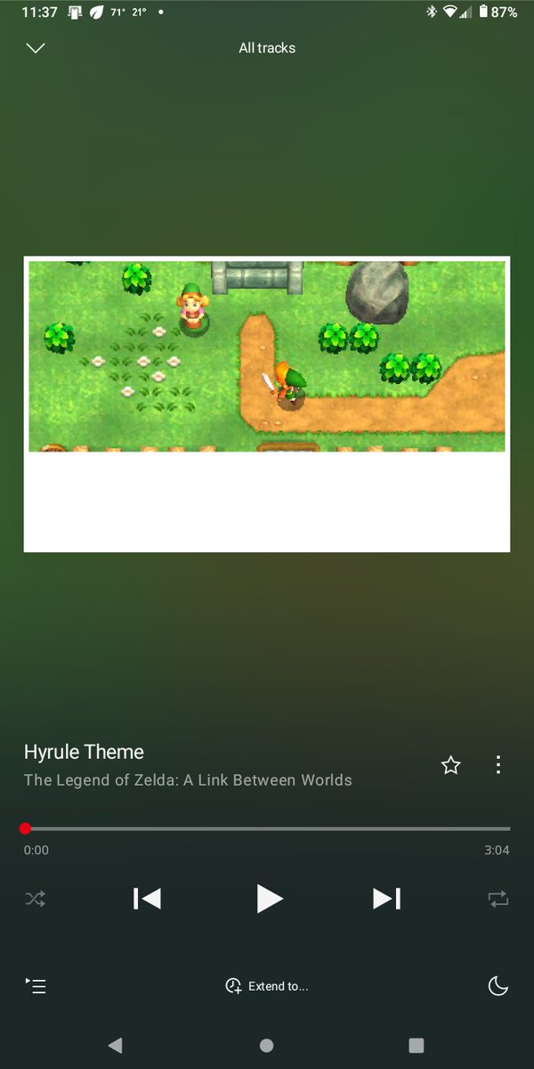LegendofZinc's tweet photo. Don't know if anyone else is having a corrupted Hyrule Theme image from ALBW on #Nintendo music, but it doesn't load fully, @NintendoAmerica. Even after clearing the cache it doesn't on Android 11. https://t.co/O0gpcHvuLc