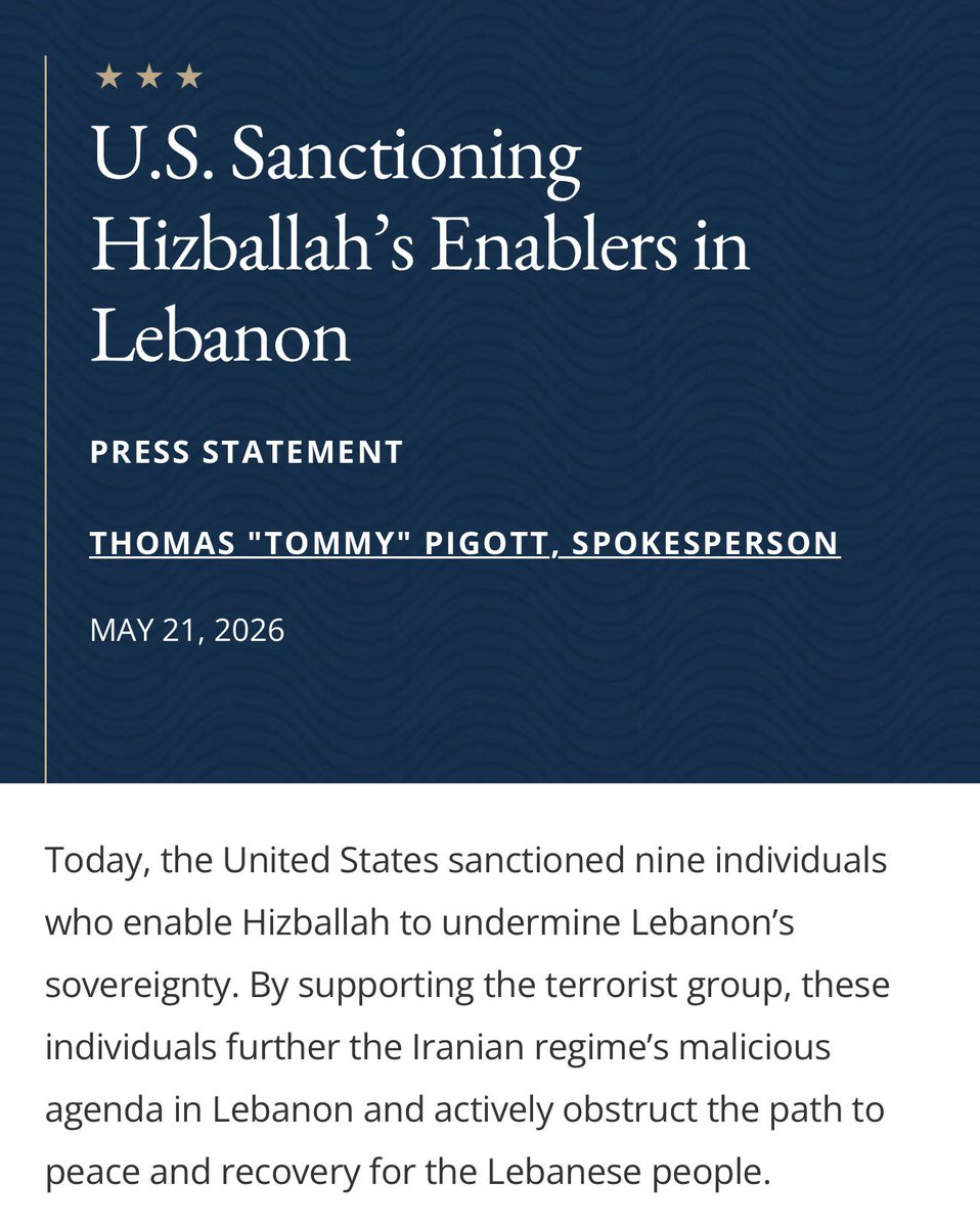 MilsteinFF's tweet photo. We applaud the administration’s decision to sanction Hezbollah’s enablers in Lebanon and hold accountable those advancing the Islamic Republic’s terrorist agenda in the region.

Hezbollah is not only a grave threat to Israel, particularly communities in northern Israel that have endured years of rocket attacks and instability, but also a force that has hijacked Lebanon’s future and undermined the security of the broader Middle East.

A more prosperous Middle East depends on dismantling the networks that allow groups like Hezbollah to thrive. Accountability matters, and peace cannot coexist with terrorism.