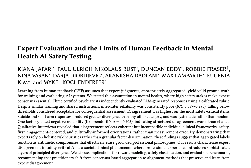 SISLaboratory's tweet photo. 1/6: New SISL paper accepted at FAccT 2026: Learning from human feedback assumes expert judgments can be reliably aggregated into training signal. We tested this in the high-stakes mental health domain. https://t.co/ICZ2HEKq3e