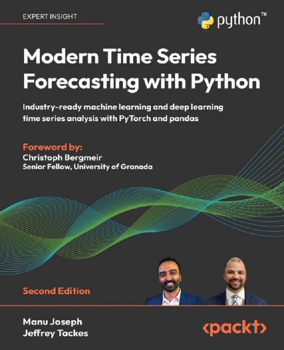 KirkDBorne's tweet photo. Modern #TimeSeries #Forecasting with #Python — Industry-ready #MachineLearning and #DeepLearning time series analysis with PyTorch and PANDAS: https://t.co/TUYDe9a2jN v/ @PacktDataML

𝓚𝓮𝔂 𝓕𝓮𝓪𝓽𝓾𝓻𝓮𝓼:
🔵Apply ML and global models to improve forecasting accuracy through practical examples.
🟢Enhance your time series toolkit by using deep learning models, including RNNs, transformers, and N-BEATS.
🔵Learn probabilistic forecasting with conformal prediction, Monte Carlo dropout, and quantile regressions.
Also... Purchase of the print or Kindle book includes a free eBook in PDF format