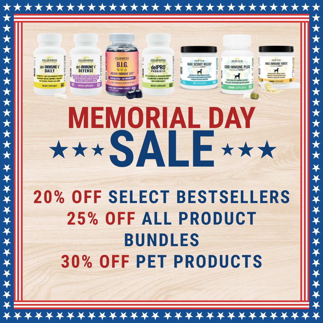 stellarbiotics's tweet photo. Now through Monday,
SAVE 20% OFF
on​ Stellar Bestsellers, 
SAVE 25% OFF
ALL Bundles, and
SAVE 30% OFF 
on Pet Products*

 *No code needed. Excludes gift card purchases, subscription plan purchases, and 1,000 count bottles.⁠ ⁠20% off del-IMMUNE V® DAILY, del-IMMUNE V® DEFENSE, delPRO™ PROBIOTIC, and Brain Immune Gut™ (B.I.G.), 25% off product bundles, and 30% off pet products starts May 22, 2026 at 12:00AM EST and ends at 11:59PM EST on May 25, 2026. 30% off pet on both https://t.co/oR9MWcbyZs and https://t.co/07SjltuEZY.