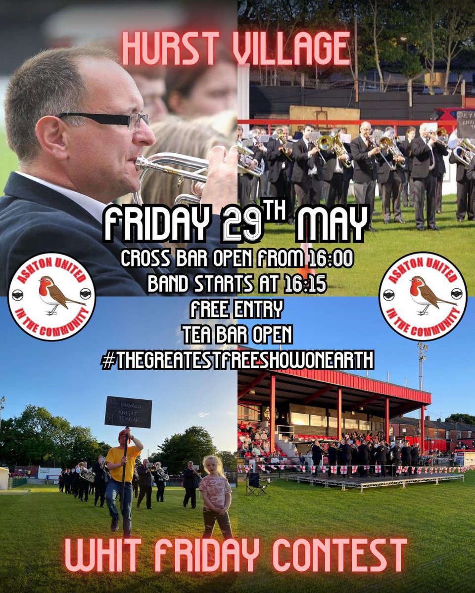 AshtonUnitedFC's tweet photo. 𝙃𝙐𝙍𝙎𝙏 𝙑𝙄𝙇𝙇𝘼𝙂𝙀 𝙒𝙃𝙄𝙏 𝙁𝙍𝙄𝘿𝘼𝙔 𝘾𝙊𝙉𝙏𝙀𝙎𝙏

We’re once again delighted to host the annual Whit Friday brass band contest at Hurst Cross!

📅 Fri 29th May
🍻 @CrossBarAshton open from 16:00
🎟️ FREE

#aufc | #whitfriday26 | #greatestfreeshowonearth https://t.co/XyGvMfkG5e