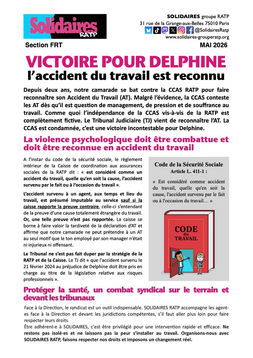 SolidairesRatp's tweet photo. #AccidentDuTravail Victoire pour Delphine. #CCAS #RATP la tardivetĂ© de la dĂ©claration dâAT nâempĂȘche pas la reconnaissance, le ton ni injurieux,ni offossant du #manager non plus ! ProtĂ©ger la #SanteMentale est un combat syndical sur Ìle terrain et devant les tribunaux. https://t.co/L3KW85B9qy