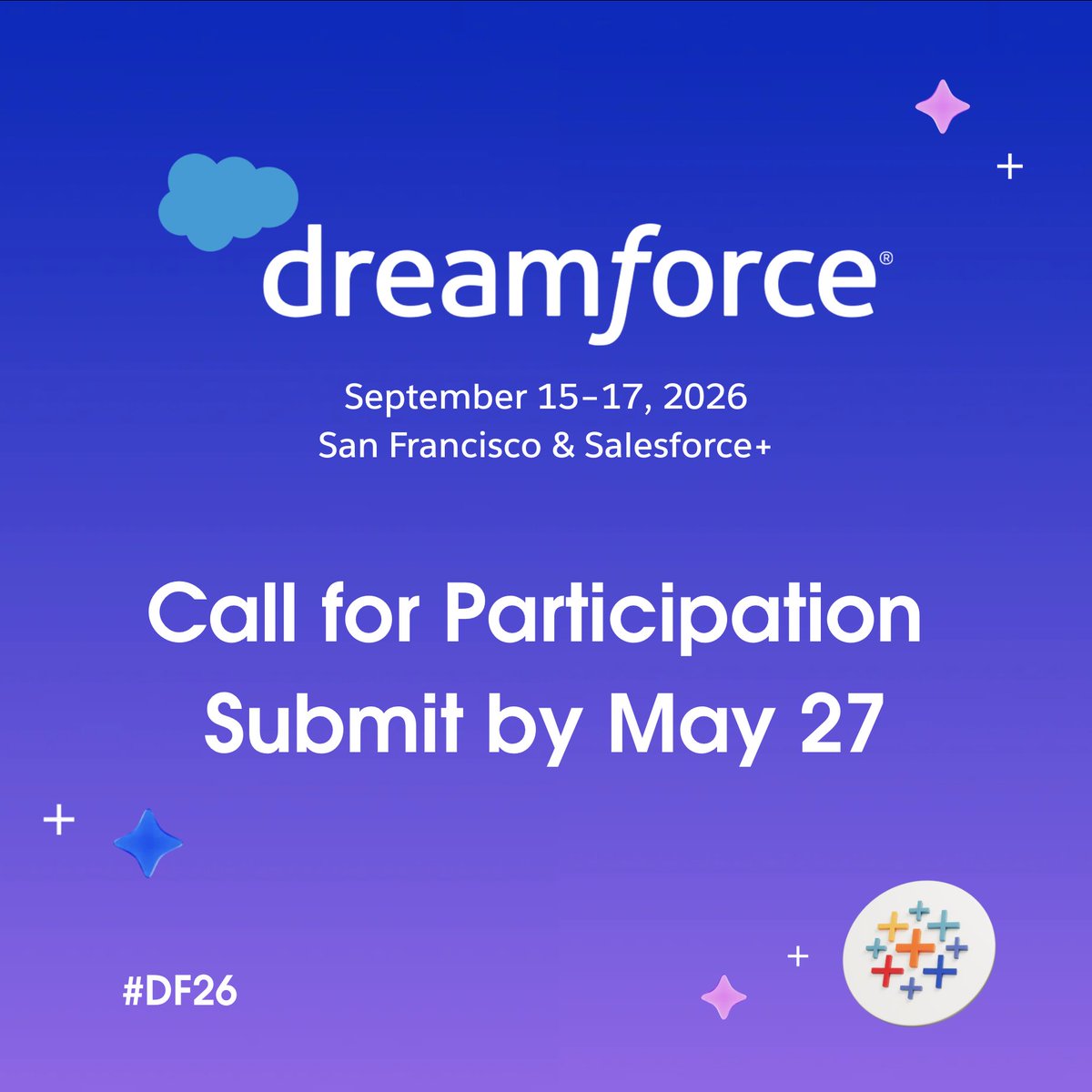 tableau's tweet photo. The #DataFam has always led the way forward with data and analytics. Now it's time to take your expertise to the world's biggest stage. 

Share your story at Dreamforce #DF26—submit your speaking application by May 27: https://t.co/727H47qUqu https://t.co/x1lPr0DZRV