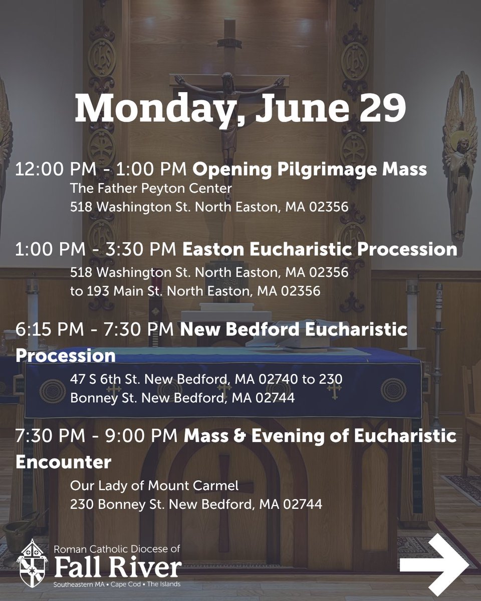 FRDiocese's tweet photo. The Diocese of Fall River is pleased to announce the schedule for the 2026 National Eucharistic Pilgrimage. We invite you to join us June 29–30. Pilgrims will be visiting  Easton, New Bedford and Fall River.

To learn more, visit: https://t.co/NkApOWUyYm https://t.co/u1nSe4xt8v