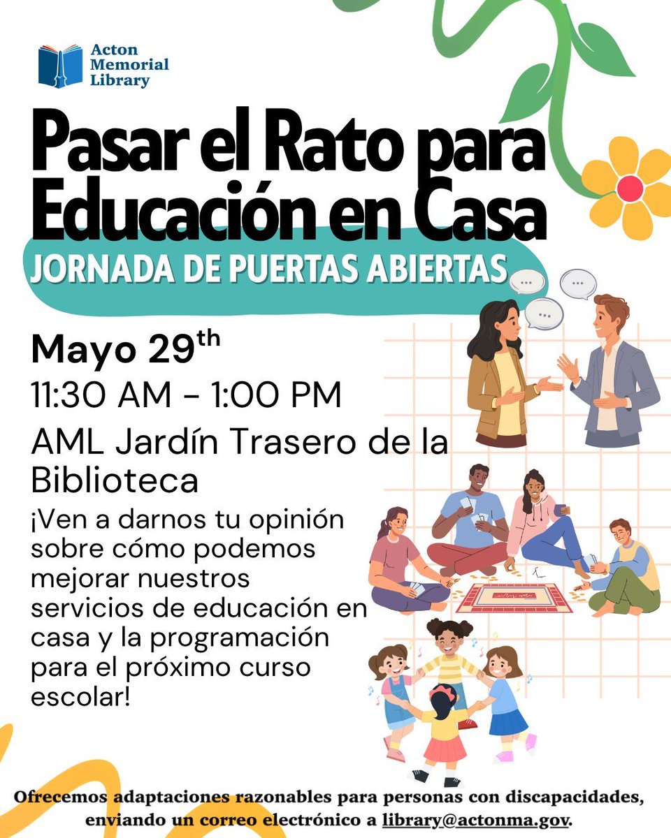 ActonMemLibrary's tweet photo. Our special Homeschool Hangouts Open House is happening on May 29th! Come meet other homeschool families and give feedback about how we can best support you for next school year! See bio for accessibility info.  #AML #ActonMA #LibraryEvents https://t.co/1qyQreghdb