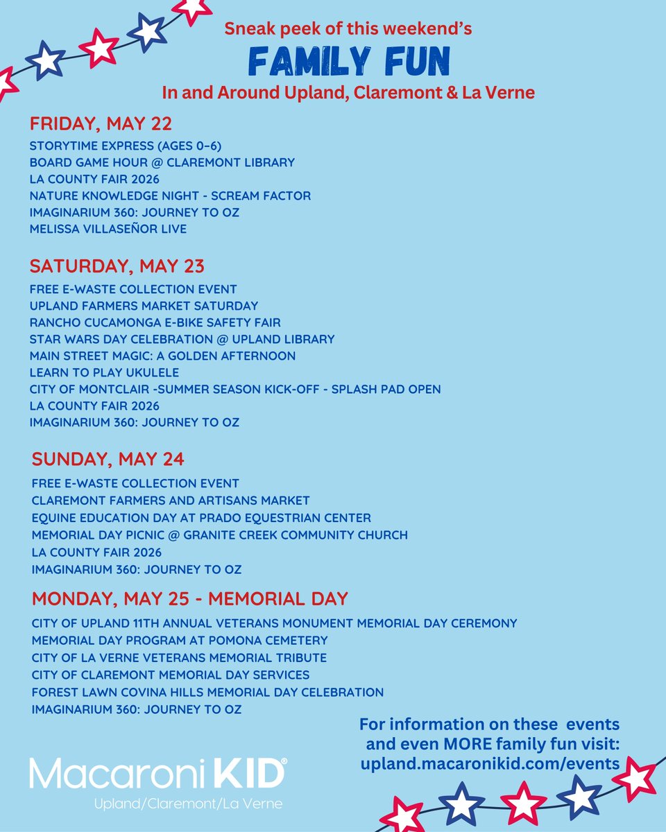 MacKidUpland's tweet photo. ❤️🤍💙 Memorial Day weekend is packed with family fun!

Fairs, splash pads, Star Wars events &amp; community celebrations happening all around the area.

👉 https://t.co/iwYDld2OfC https://t.co/8iDIPo5nbq