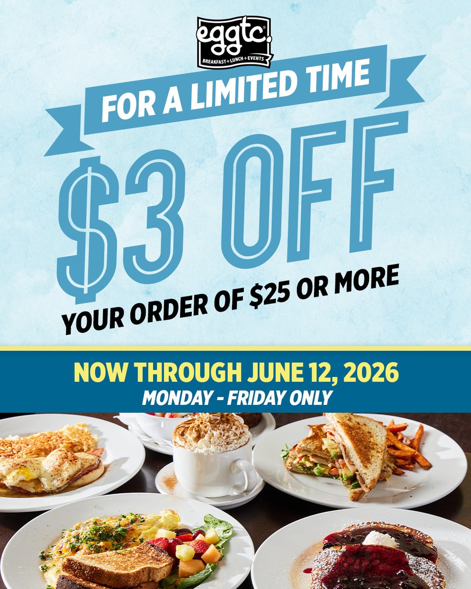 eggtcKC's tweet photo. Kick-off Summer early with this Hot Deal from eggtc.! Save on your faves for Breakfast, Brunch or Lunch! Mon-Fri. now through Friday, June 12, 2026 - Enjoy $3 off every order of $25 or more with the code 3Bucks 

Learn more at https://t.co/dgIlrKvzGC

#eggtc #kcbreakfast https://t.co/ZMvwaM4wDL