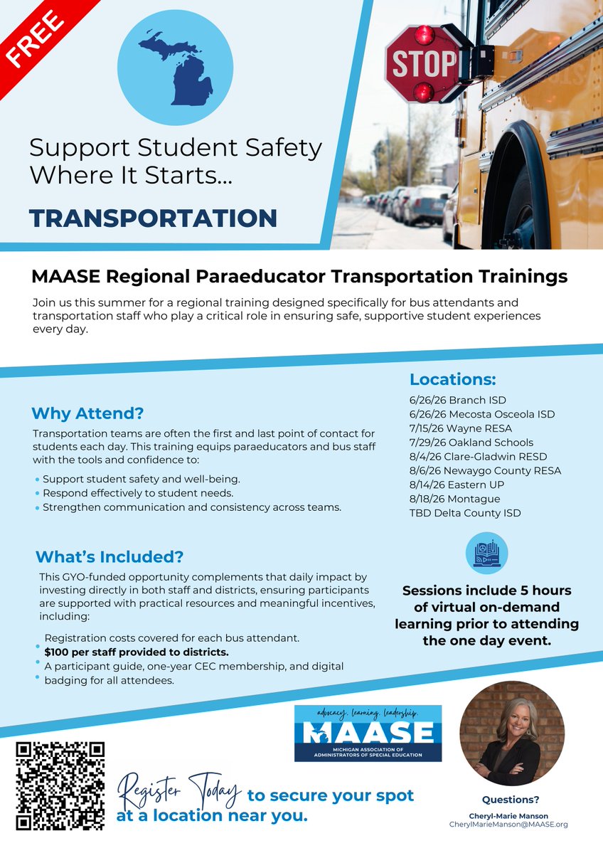 MAASE4ALL's tweet photo. Support Student Safety Where It Starts.

MAASE’s FREE Regional Paraeducator Transportation Trainings are designed for bus attendants and transportation staff who support students every day.

Participants will receive:
✔️ Practical safety and student support strategies
✔️ 5 hours https://t.co/cCnHfVesK0