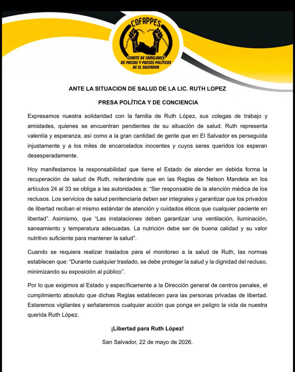 cofappes's tweet photo. Ante la situación de salud de Ruth Eleonora López, presa política y de conciencia, expresamos: https://t.co/8ilCUYdJX7
