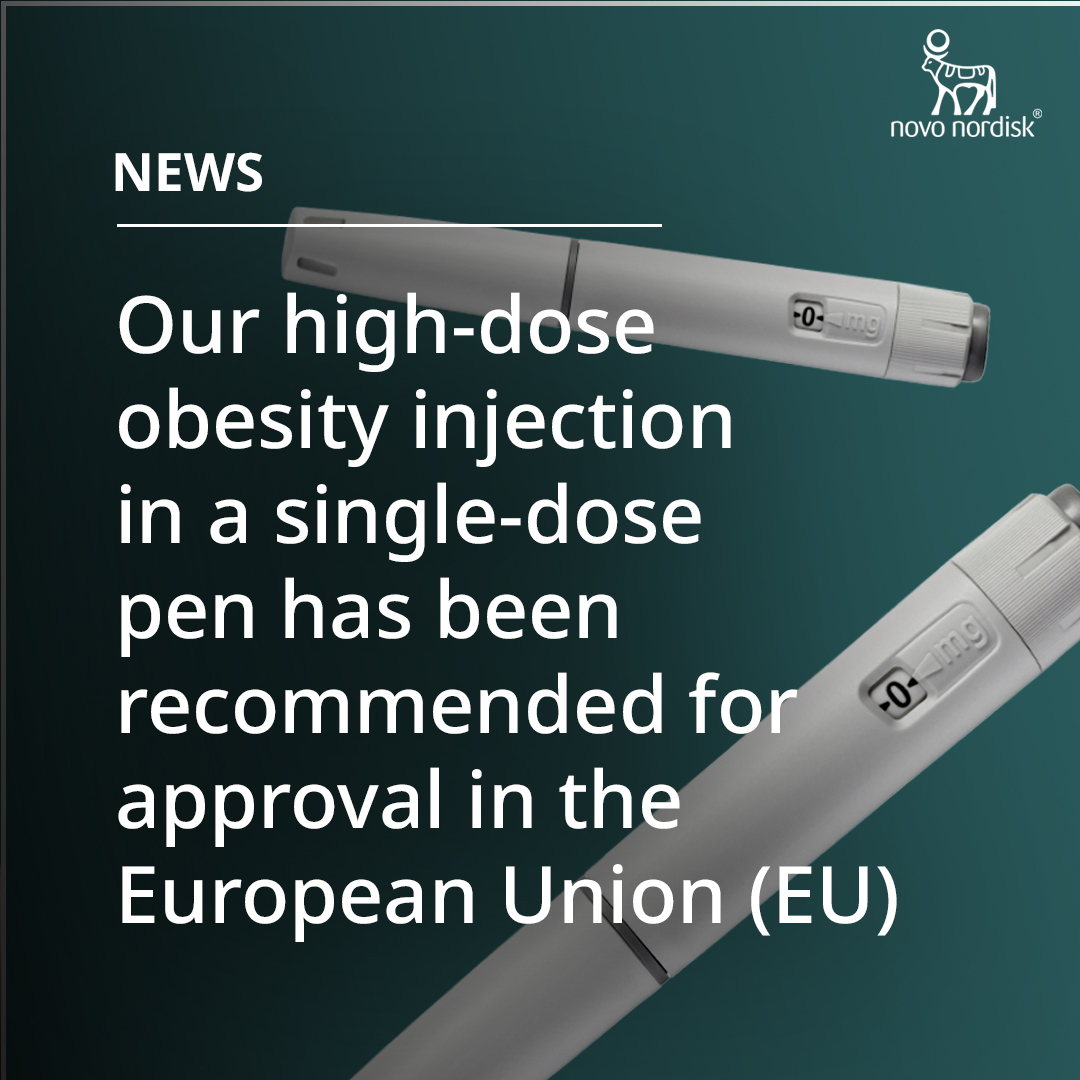 novonordisk's tweet photo. #PRESS: The Committee for Medicinal Products for Human Use (CHMP) recommends EU approval of our high-dose obesity injection in a single-dose pen, providing up to 20.7% mean weight loss.

Learn more in our company announcement here: https://t.co/gvJOGOQlYT https://t.co/h1ZjWdXsfh