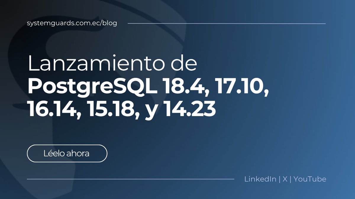 systemguards's tweet photo. Lanzamiento de una actualización para todas las versiones soportadas de #PostgreSQL. Esta versión corrige 11 vulnerabilidades de seguridad y más de 60 errores notificados en los últimos meses. Descubre más en el artículo de nuestro Blog 👉 https://t.co/xpbLldsPPU #opensource https://t.co/mXgY7mPLD7
