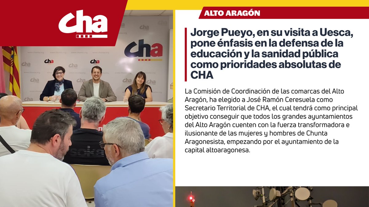 chunta's tweet photo. 🔴 @jorge_pueyo95, en su visita a Uesca, pone énfasis en la defensa de la educación y la sanidad pública como prioridades absolutas de CHA

La Comisión de Coordinación del Alto Aragón, ha elegido a @Jramonceresuela como Secretario Territorial de CHA

🔗 https://t.co/2V36yvODaF