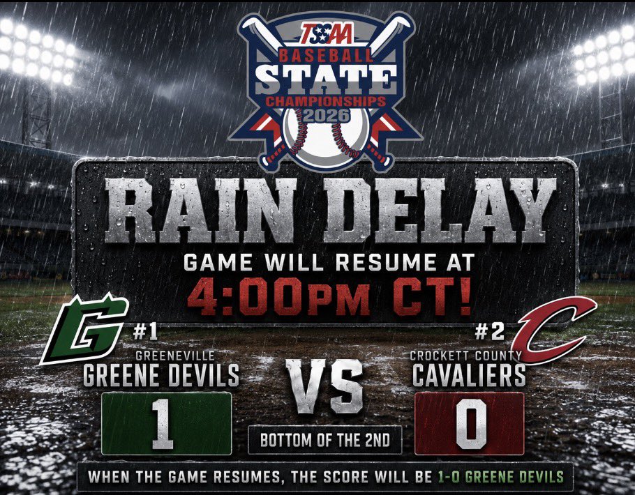 GhsDevilsBBall's tweet photo. Game will resume at 4:00pm CT! When the game resumes, Greene Devils will be up to bat in the bottom of the 2nd with Jack Lister up with an 0-2 count with 2 outs and Kase Spradlen on 1st base!⚾️ #GoDevils https://t.co/cobSJo91Jp