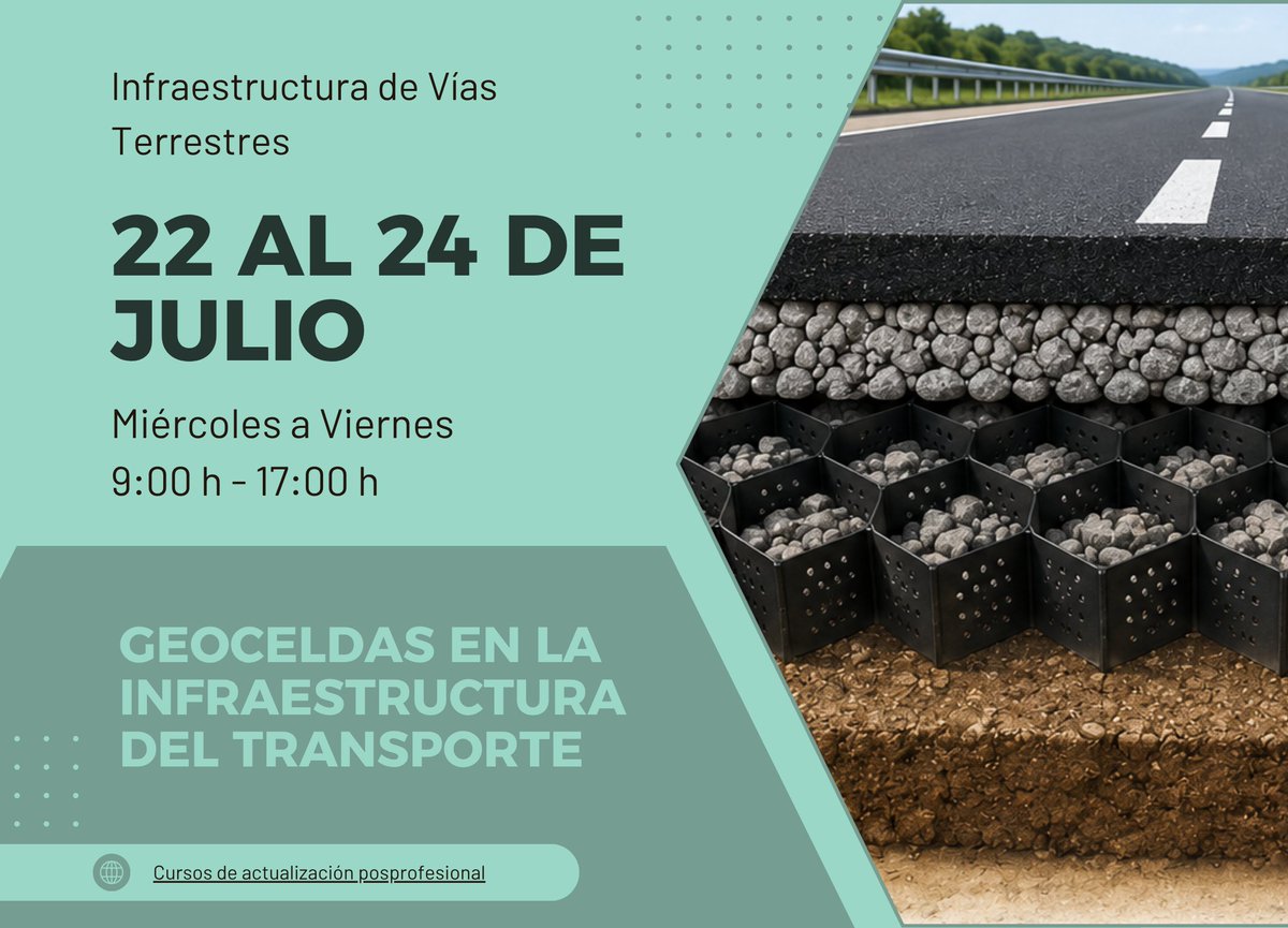 IMT_mx's tweet photo. 🚧 ¡Inscríbete al curso “GEOCELDAS EN LA INFRAESTRUCTURA DEL TRANSPORTE”! 🚧

📅 Periodo de inscripción: del 25 de mayo al 10 de julio
📚 Fecha de impartición: del 22 al 24 de julio

🔗 Consulta toda la información e inscríbete en el enlace: https://t.co/rwiGOSXZlq https://t.co/jsFbPPsLDR