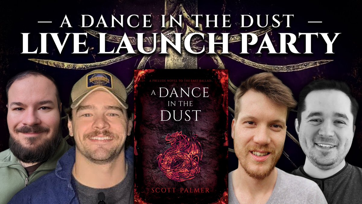 SFFAddictsPod's tweet photo. 🔥 LAUNCH PARTY LIVESTREAM 🔥
Author @SPalmerAuthor and friends @ChanceBeeDillon @BWilsonAuthor &amp; @NicholasWFuller will be chatting LIVE to celebrate the release of Scott’s new novel A DANCE IN THE DUST.

Join them live on Tuesday May 26 at 9pm EST: https://t.co/YRTc2URE2U https://t.co/kN7Ui3gXw8