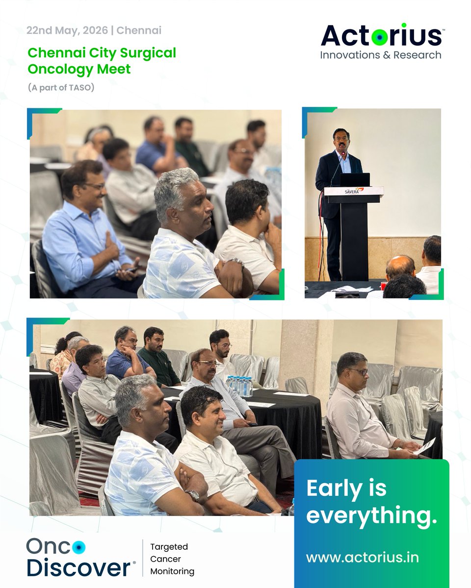Actorius_IR's tweet photo. We were honored to share the stage with renowned Surgical Oncologists from Chennai at the Chennai City Surgical Oncology Meet (TASO). @Dr_JayantK  spoke on the clinical utility of CTCs, metastasis, recurrence risk &amp; OncoDiscover — India’s CDSCO-approved CTC test. https://t.co/DqeXr2dZcA