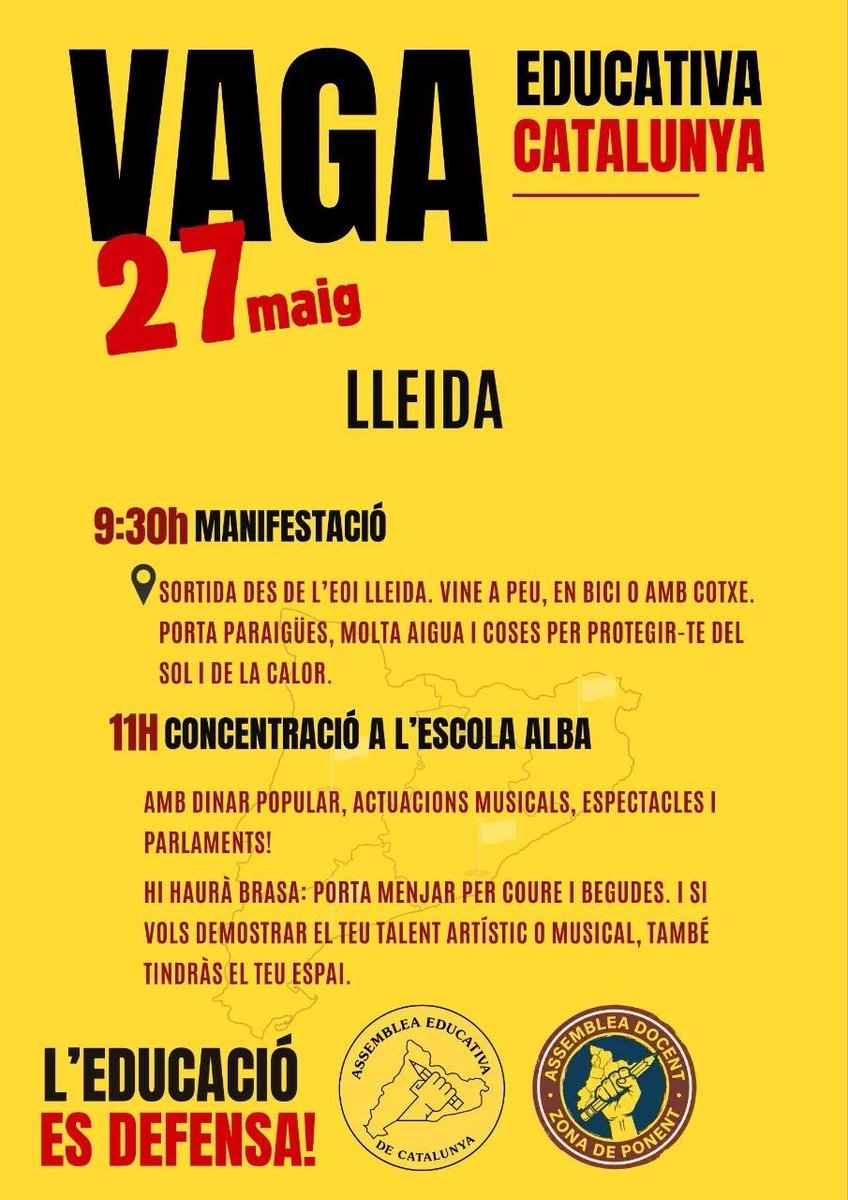 cgtenseponent's tweet photo. 📢🔥 EL 27 DE MAIG VAGA A TOT CATALUNYA, LA COMUNITAT EDUCATIVA ES MOBILITZA A LLEIDA! 🔥📢

📍 27-M – Lleida
🕤 9:30h Manifestació des de l’EOI Lleida
🕚 11h Concentració a l’Escola Alba

Porta menjar per fer a la brasa, aigua, para-sol i ganes de defensar l'educació pública ! https://t.co/amsLjl0IlD