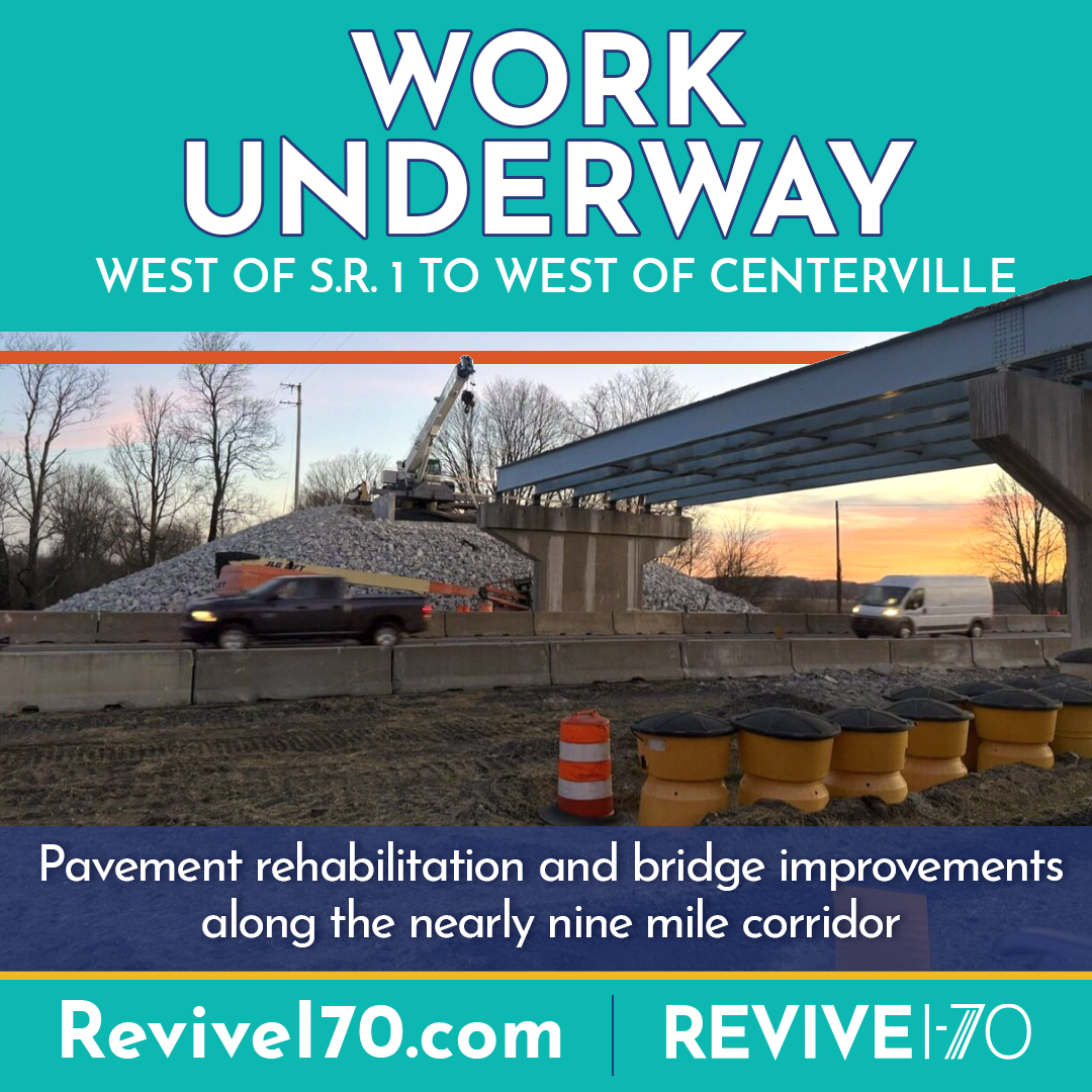 ReviveI70's tweet photo. Work is underway from west of S.R. 1 to west of Centerville. Along this nearly nine‑mile corridor, pavement is being rehabilitated and bridges improved. Learn more and sign up for updates at https://t.co/ZAoggCGJj8. https://t.co/t3WXKUnWO2