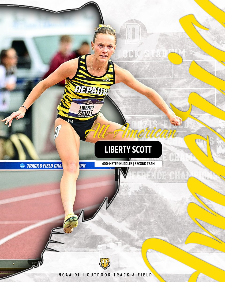 DePauwAthletics's tweet photo. ✨ ALL-AMERICAN ✨

Liberty Scott finished 13th in the 400-meter hurdles prelims yesterday at the NCAA Division III Outdoor Track  &amp; Field Championships in La Crosse, Wisconsin claiming Second Team All-American honors in the event!

#TeamDePauw #d3tf https://t.co/sv41MW8qK6