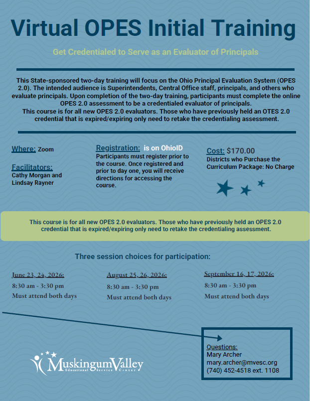 mvesc's tweet photo. Interested in becoming a credentialed evaluator in Ohio? Attend an upcoming state-sponsored training designed to help you develop the skills needed to conduct high-quality, consistent evaluations through the Ohio Principal Evaluation System (OPES 2.0). https://t.co/UBWIuXXpoq