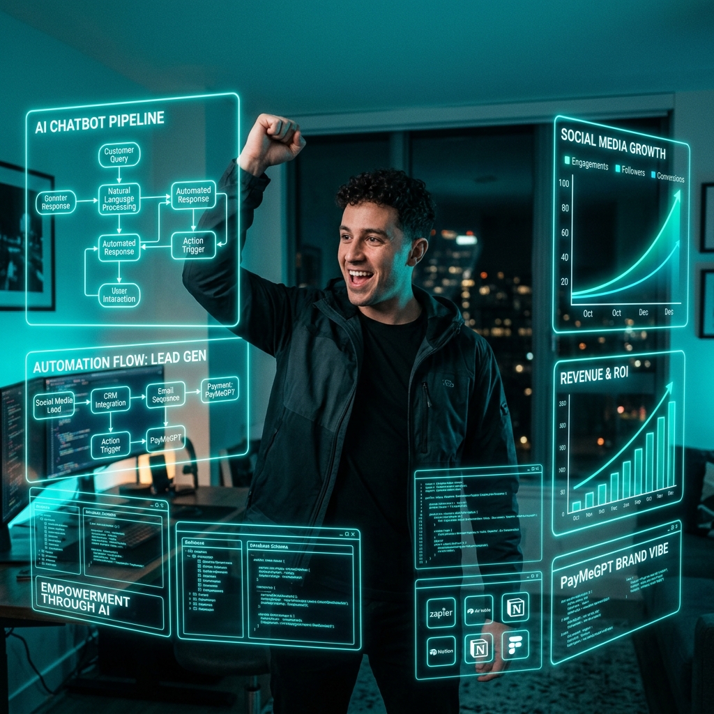 PayMeGPT's tweet photo. 🤖 Creators and entrepreneurs are using PayMeGPT to build FULL AI businesses in hours — not months.

Chatbots. Landing pages. Web shops. Social automation. Payments. Email flows. All in one place.

The PMG Fam is growing fast. Are you in? https://t.co/TCmKBBOErY