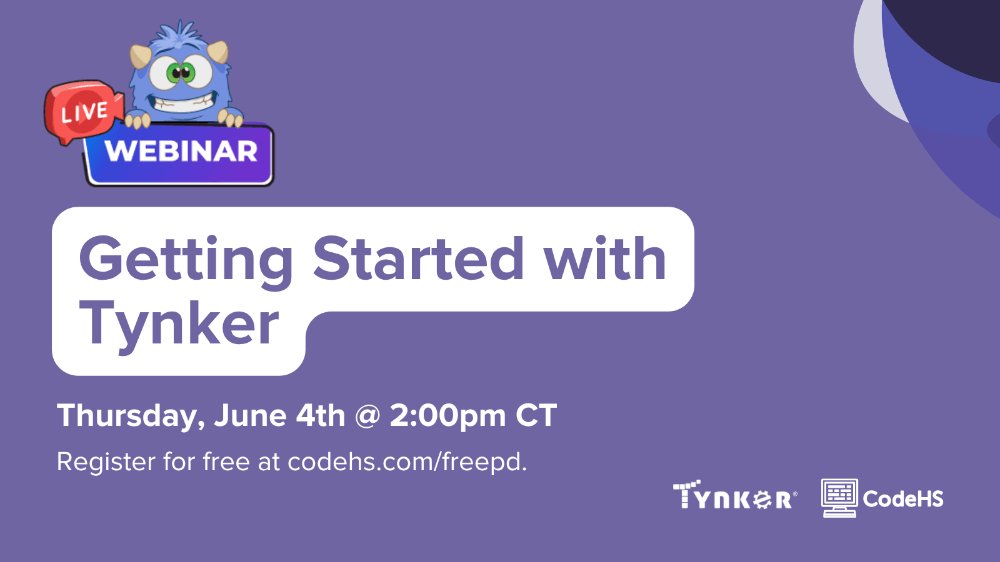 gotynker's tweet photo. Join our 90-minute Tynker webinar designed to help you confidently use Tynker Premium! You'll learn how to access Tynker courses and projects, set up your class, set up your class sections, navigate essential teacher tools like automatic grading, and use key resources like the Tynker Workshop to create actors, backgrounds, and code blocks.

This free webinar will be offered on Thursday, June 4th, 2026, at 2:00–3:30 PM CT.

RSVP at c̲o̲d̲e̲h̲s̲.c̲o̲m̲/f̲r̲e̲e̲p̲d̲