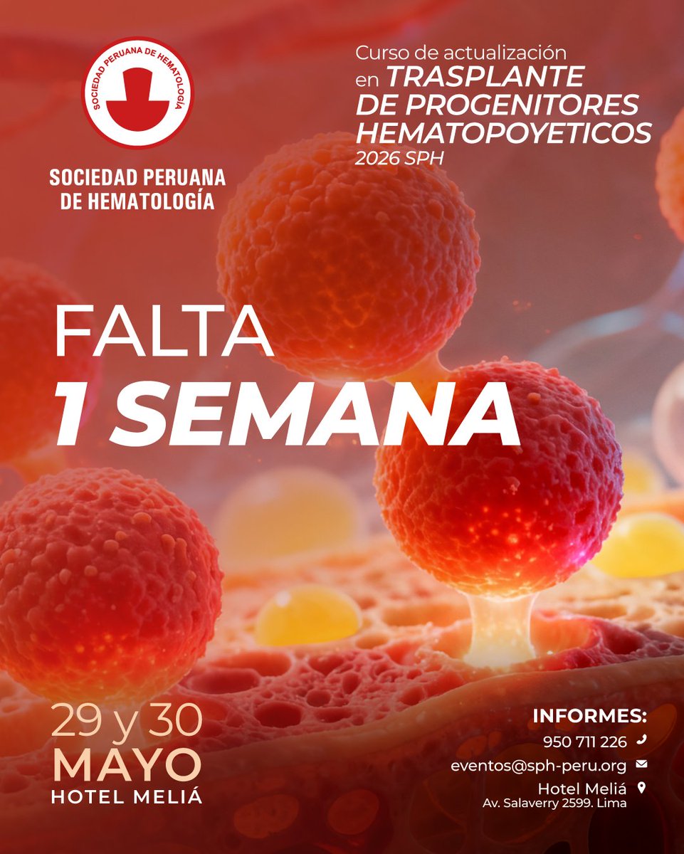 SPH_Peru's tweet photo. ¡Estamos a una semana de que inicie nuestro Curso de Actualización en Trasplante de Progenitores Hematopoyéticos! No pierdas la oportunidad de ampliar tus horizontes profesionales y de unirte a nuestra comunidad educativa.

Modalidad presencial: Hotel Meliá, Lima https://t.co/NHnigamHZ4