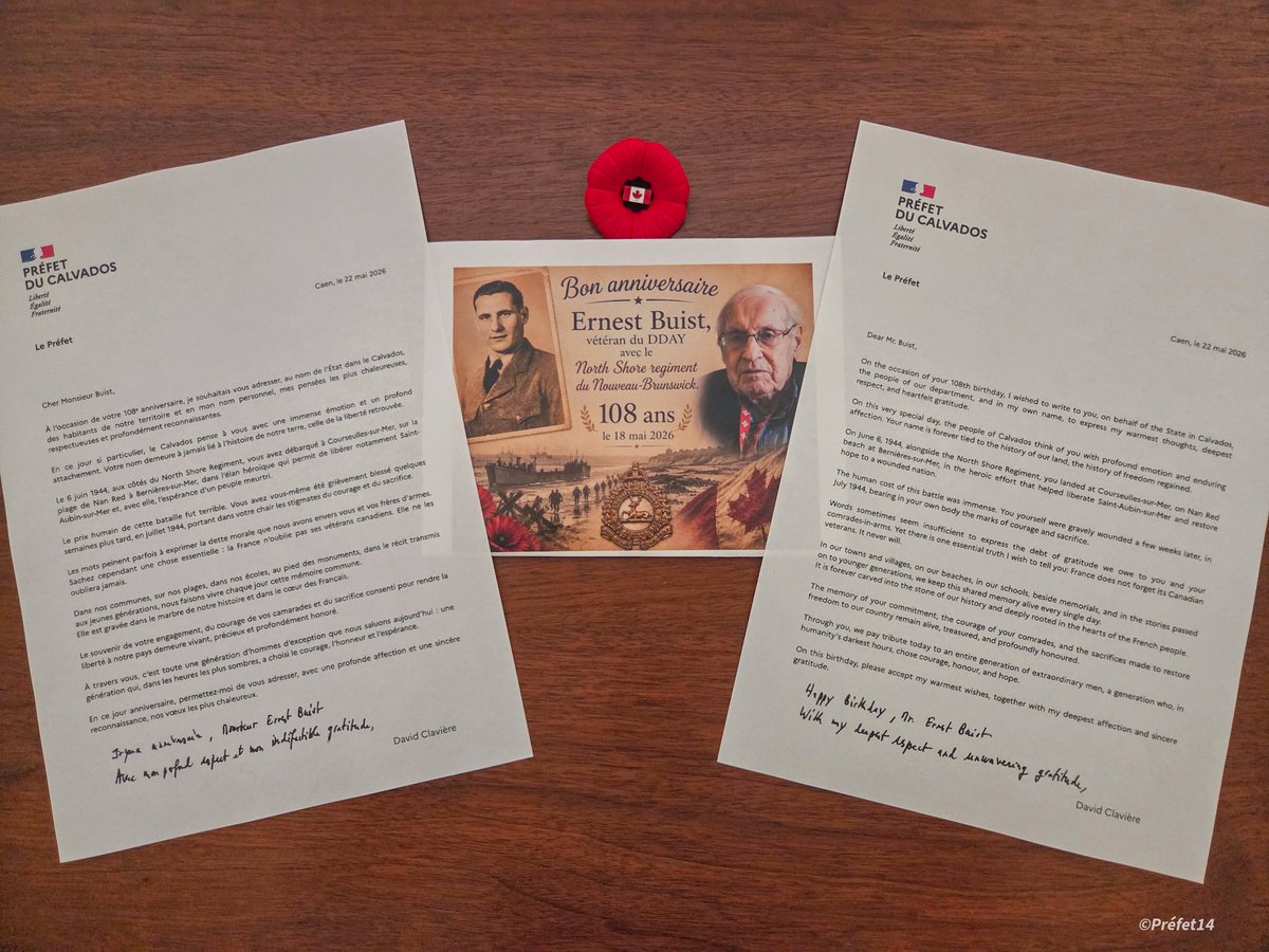 Image de Préfet du Calvados : 🇫🇷 🇨🇦À l’occasion des 108 ans d’Ernest Buist, dernier vétéran canadien du Débarquement, le préfe