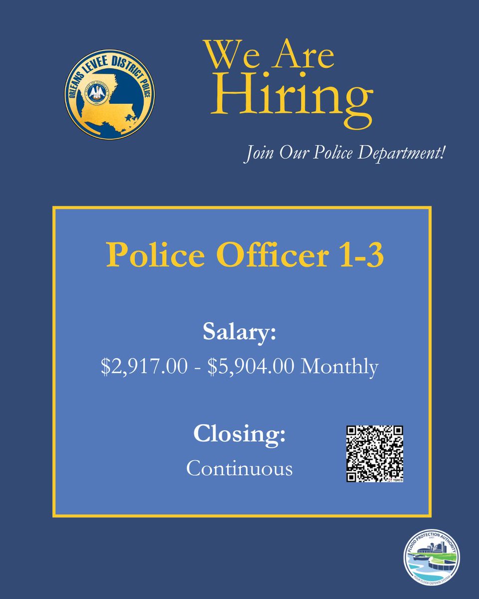 SLFPAE's tweet photo. Join our team! The Orleans Levee District Police Department is hiring for Police Officer 1-3.

To learn more or apply, visit https://t.co/ZuGU3KfGv8 or scan the QR code. https://t.co/LkLOj6VupU