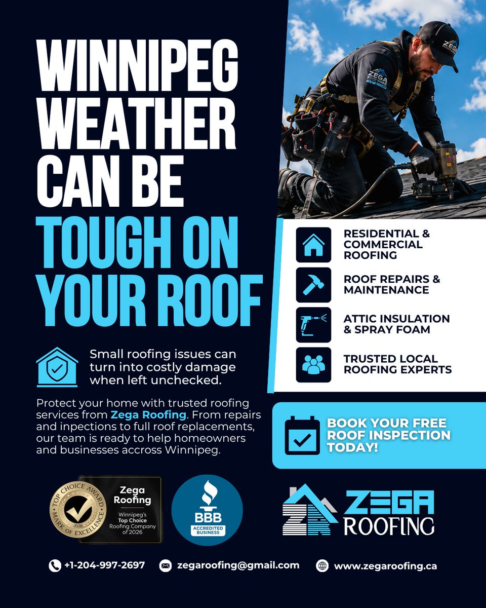 zegaroofing's tweet photo. Winnipeg weather can be tough on your roof. 🏠
Protect your home with trusted roofing services from Zega Roofing.

🏆 2026 Top Choice Award Winner
✔ BBB Accredited

Book your FREE roof inspection today.

#WinnipegRoofing #RoofRepair https://t.co/VtL2UXv0PV
