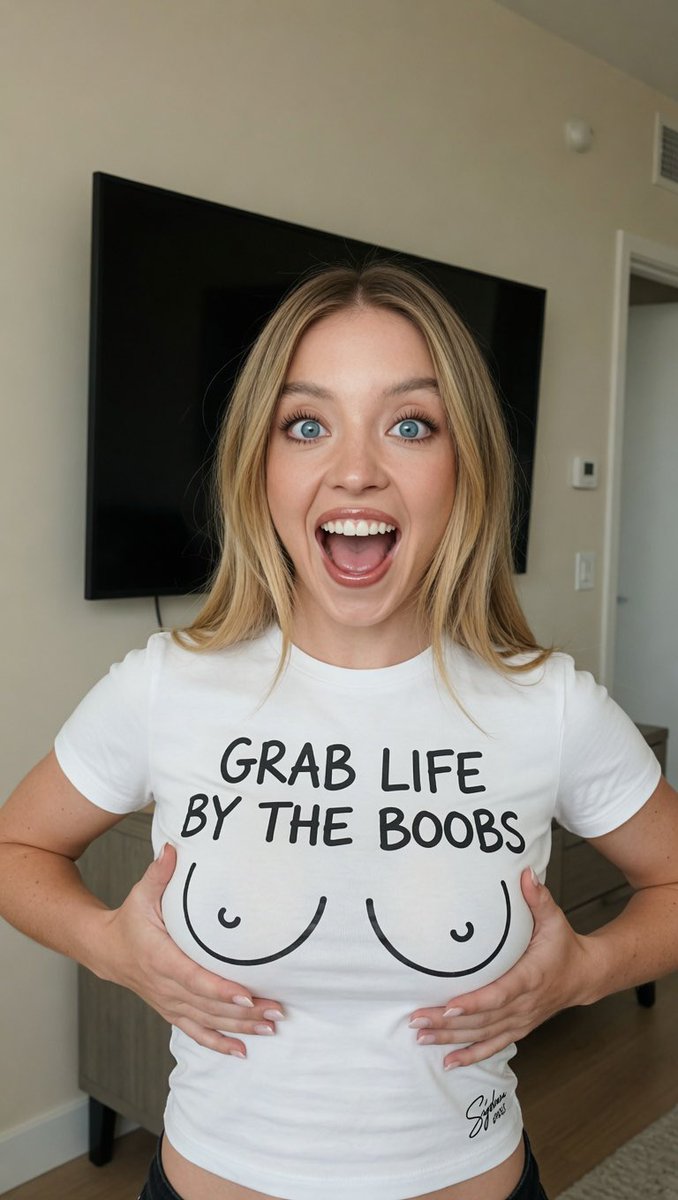 lwaipics's tweet photo. Sabrina Carpenter - Holly Willoughby - Sydney Sweeney 

Grok prompt:

{NAME} with an enthusiastic, wide-eyed expression is posing for a photo indoors.
Key details:
•  Subject: She has a very animated, joyful expression — mouth wide open as if shouting or laughing with excitement, showing her teeth and tongue.
•  Pose: She’s facing the camera directly, holding/cupping her breasts with both hands from the front.
•  Clothing: White short-sleeved t-shirt featuring bold black handwritten text that reads: “GRAB LIFE BY THE BOOBS”
Underneath the text are two simple cartoonish drawings of breasts (U-shaped with nipples). There’s also a small stylized signature/logo on the right side of the shirt.
•  Background: Casual indoor setting — light-colored walls, a large black flat-screen TV mounted on the wall behind her, and a white door visible to the right.
The overall vibe is playful, cheeky, and humorous. The image has a fun, body-positive, irreverent energy.